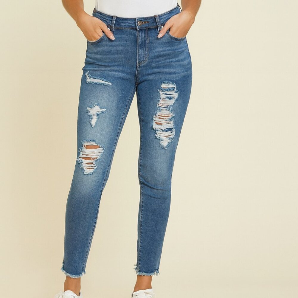 Altar’d State Distressed Mid Rise Skinny Jeans Raw Hem Medium Wash 30/11
